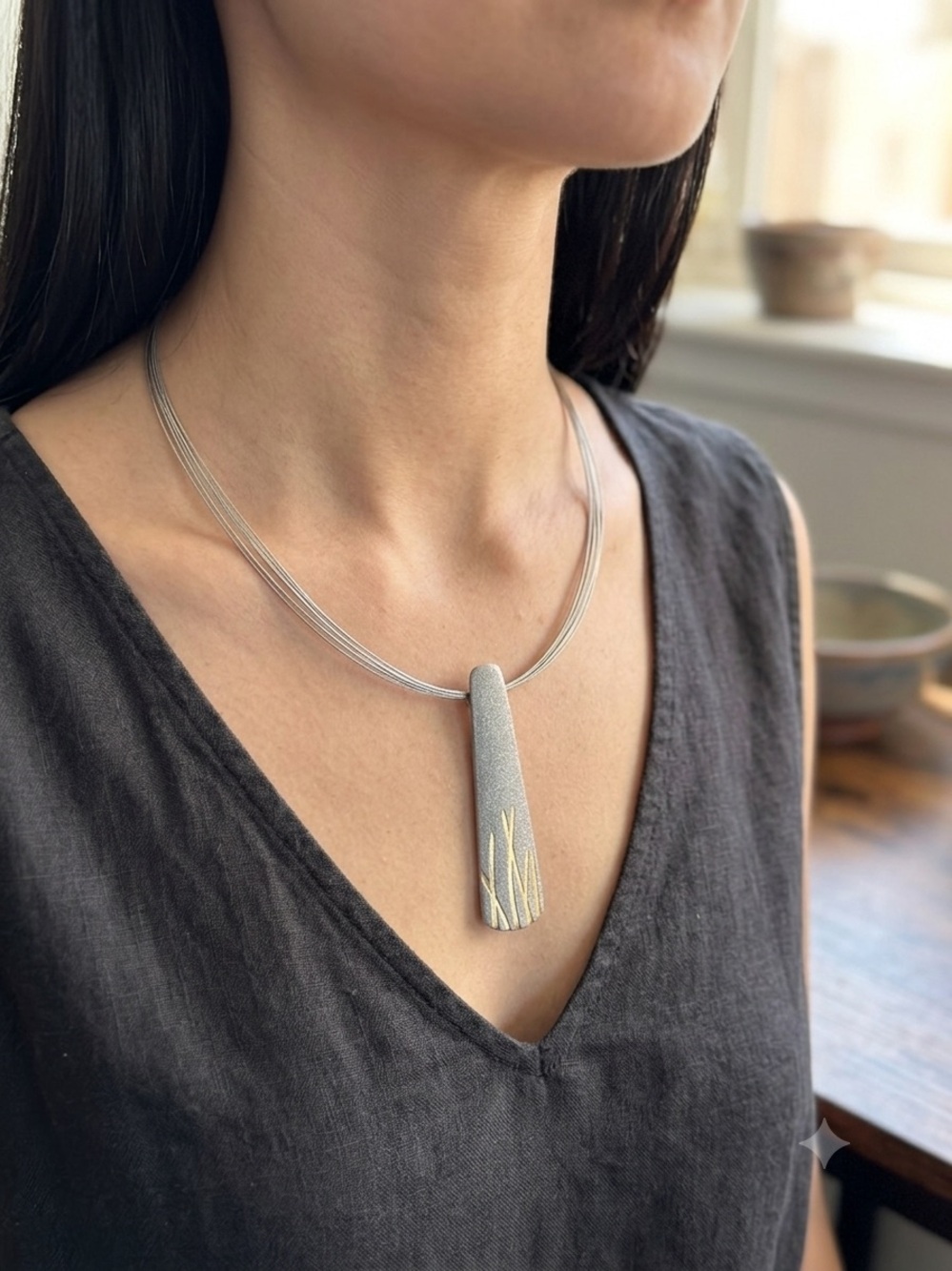 Textured Silver Pendant Necklace with Gold Accent - Modern Women's Jewelry